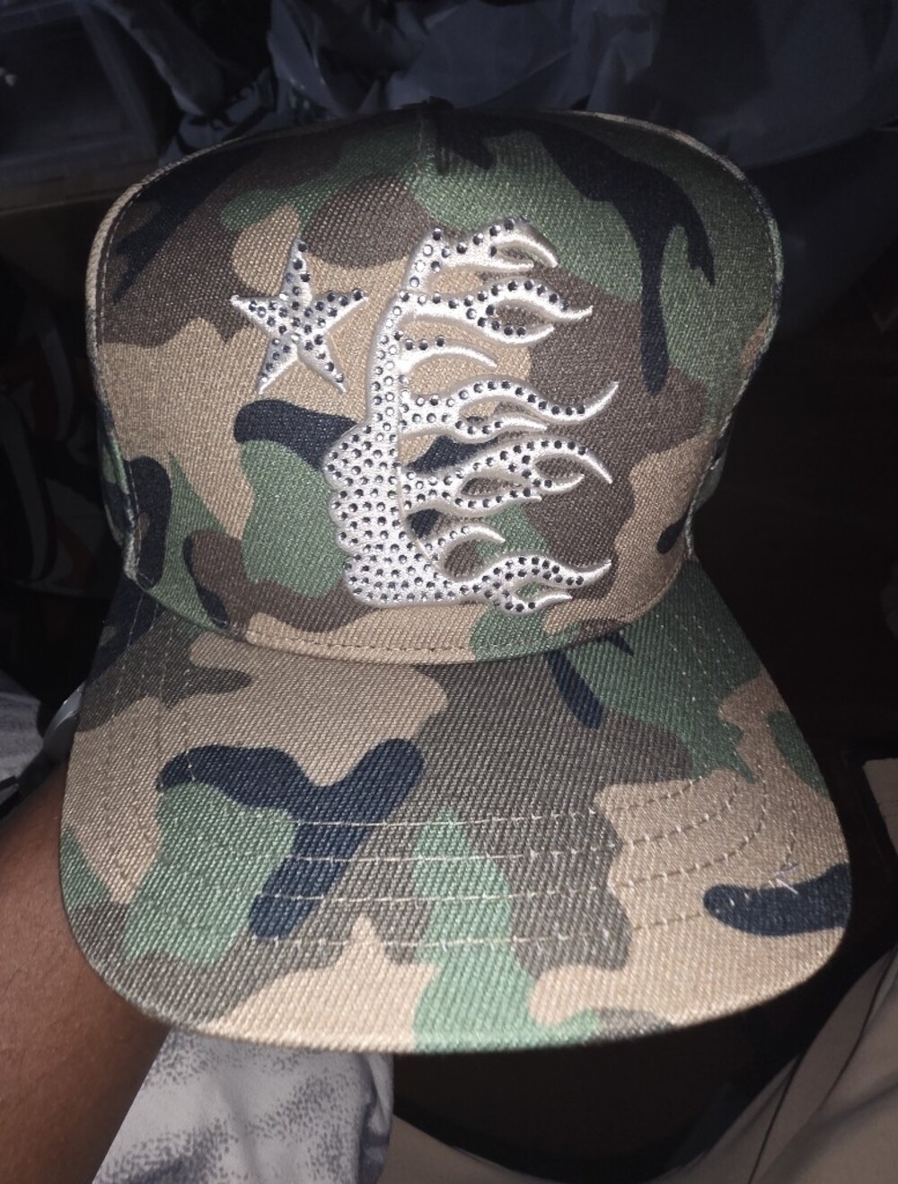 Hellstar - Camo Rhinestone Flame & Star Snapback Cap